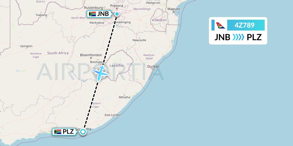 4Z789 Airlink Flight Map: Johannesburg to Port Elizabeth