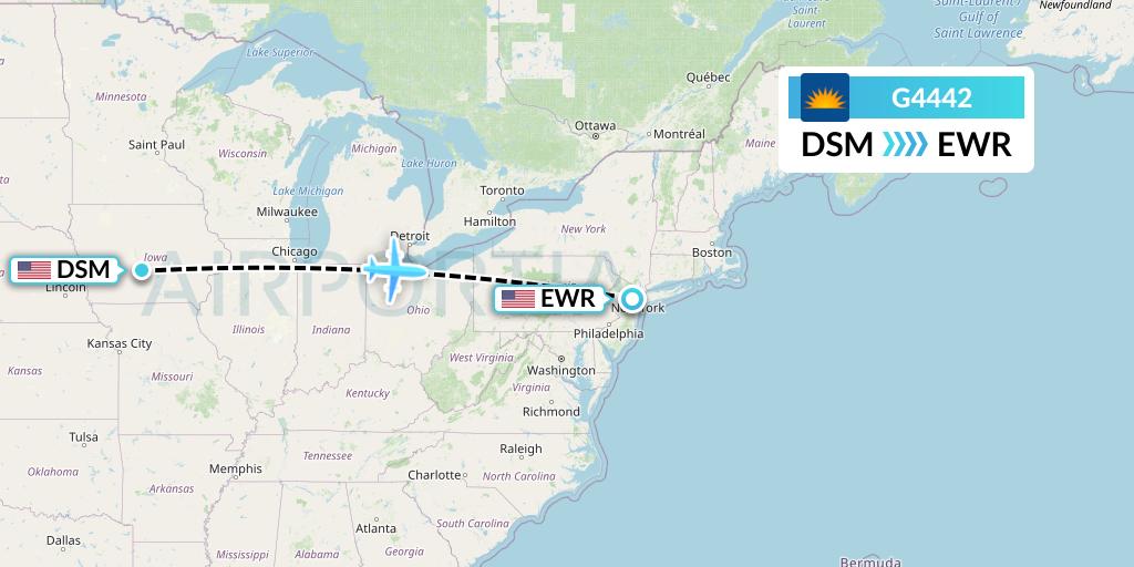 G4442 Allegiant Air Flight Map: Des Moines to New York