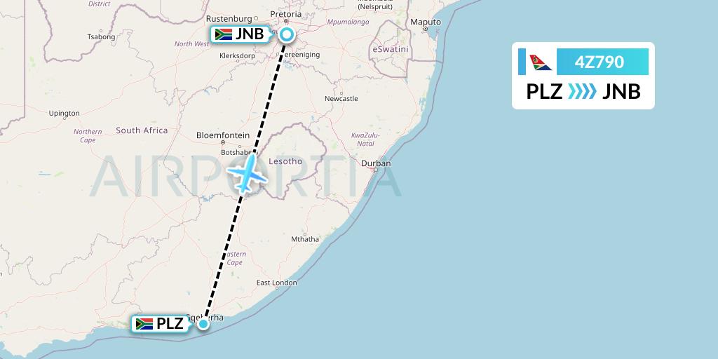 4Z790 Airlink Flight Map: Port Elizabeth to Johannesburg