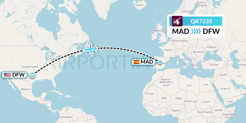 QR7235 Qatar Airways Flight Map: Madrid to Dallas