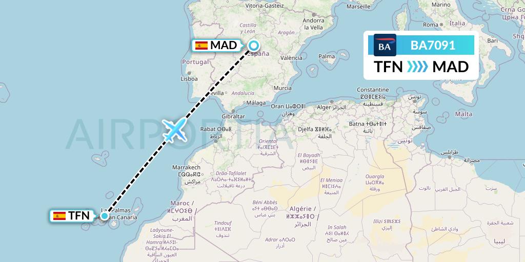 BA7091 British Airways Flight Map: Tenerife to Madrid