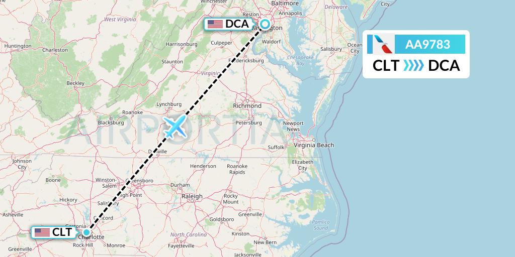AA9783 American Airlines Flight Map: Charlotte to Washington