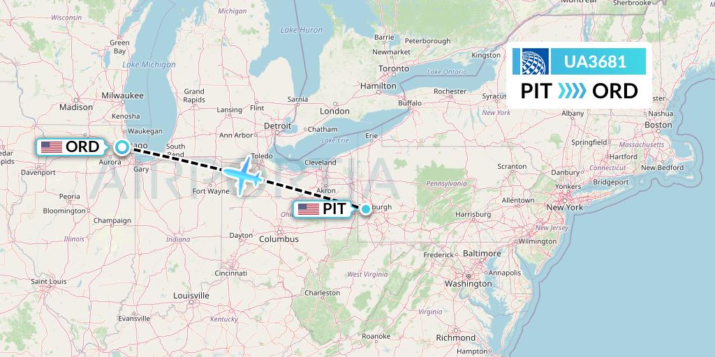 UA3681 United Airlines Flight Map: Pittsburgh to Chicago