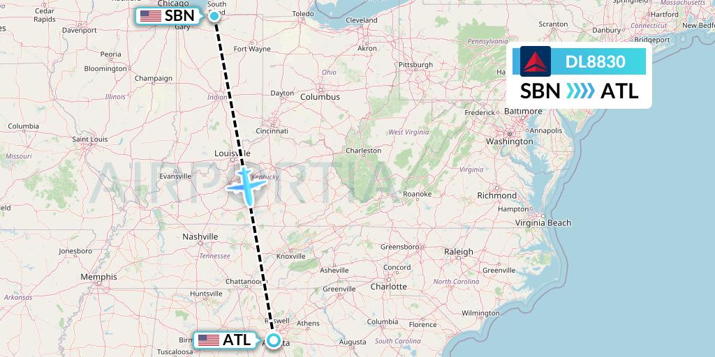 DL8830 Delta Air Lines Flight Map: South Bend to Atlanta