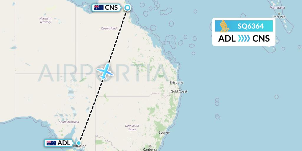 SQ6364 Singapore Airlines Flight Map: Adelaide to Cairns