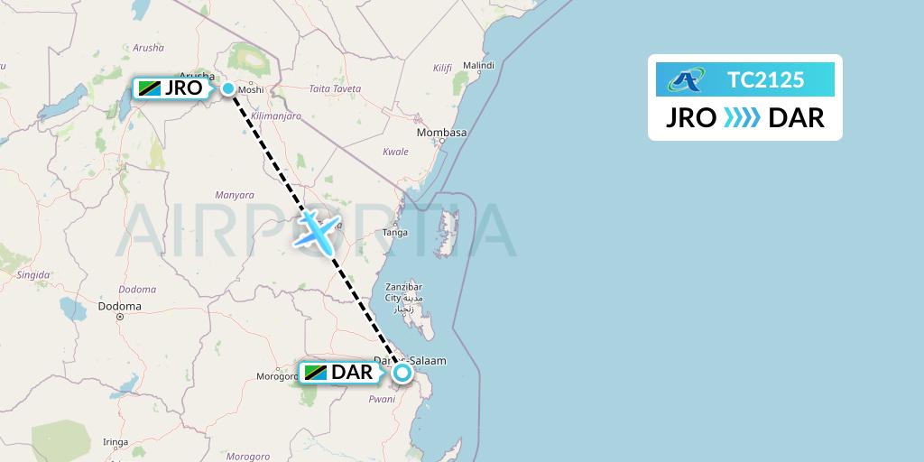 TC2125 Air Tanzania Flight Map: Kilimanjaro to Dar-es-Salaam