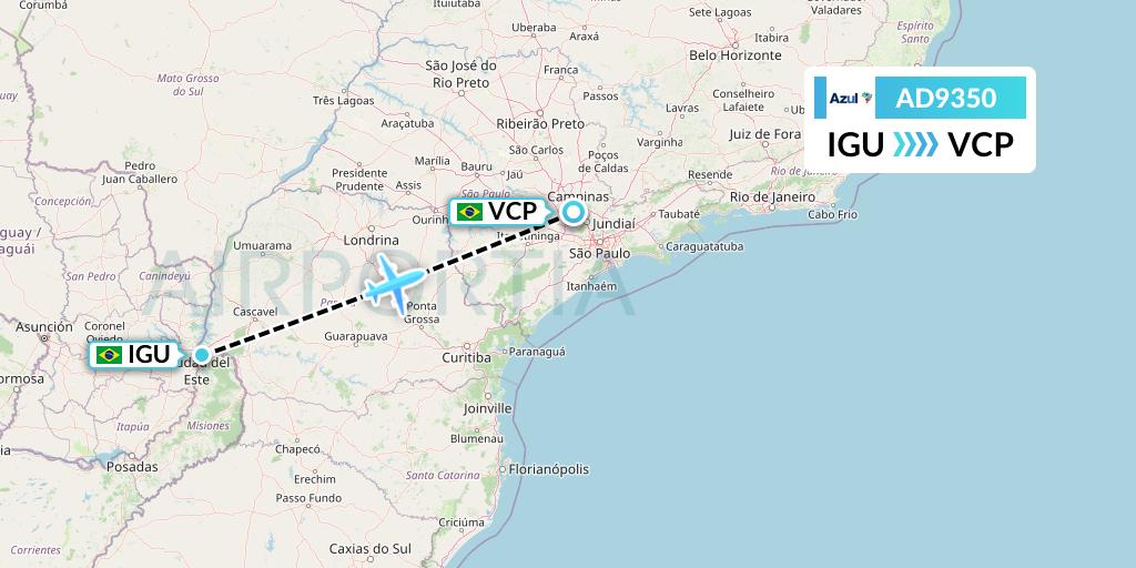 AD9350 Azul Brazilian Airlines Flight Map: Foz do Iguacu to Campinas