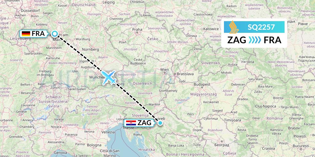 SQ2257 Singapore Airlines Flight Map: Zagreb to Frankfurt