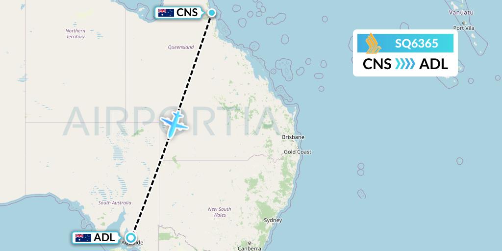 SQ6365 Singapore Airlines Flight Map: Cairns to Adelaide