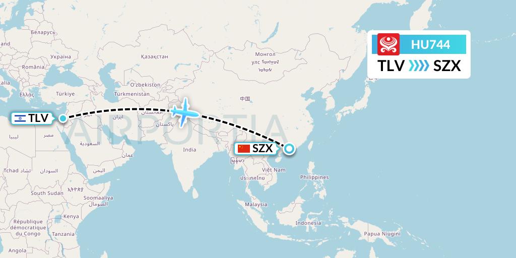 HU744 Hainan Airlines Flight Map: Tel Aviv to Shenzhen