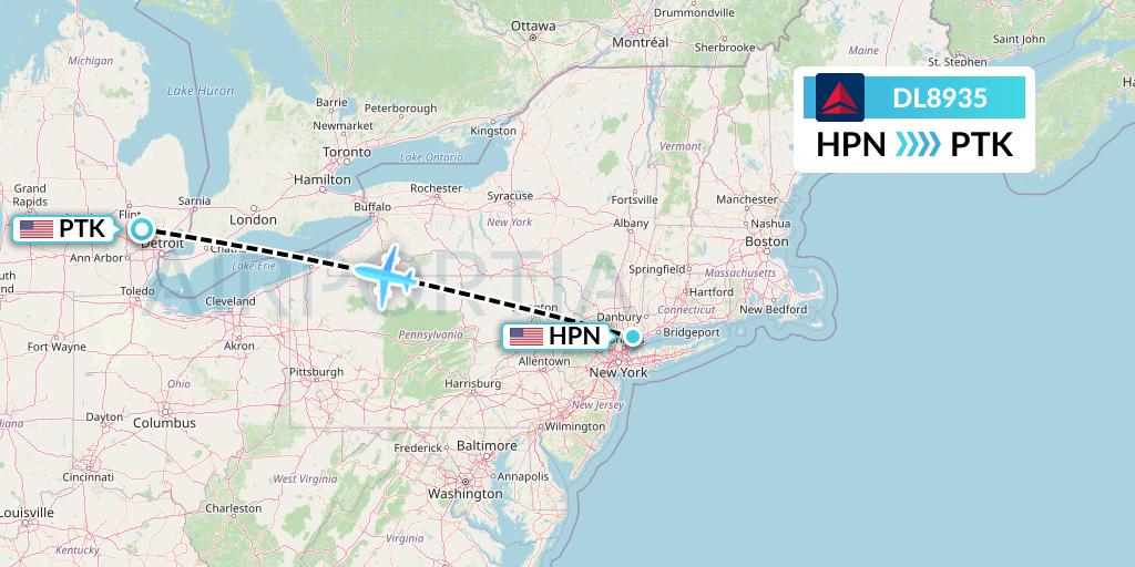 DL8935 Delta Air Lines Flight Map: White Plains to Oakland County