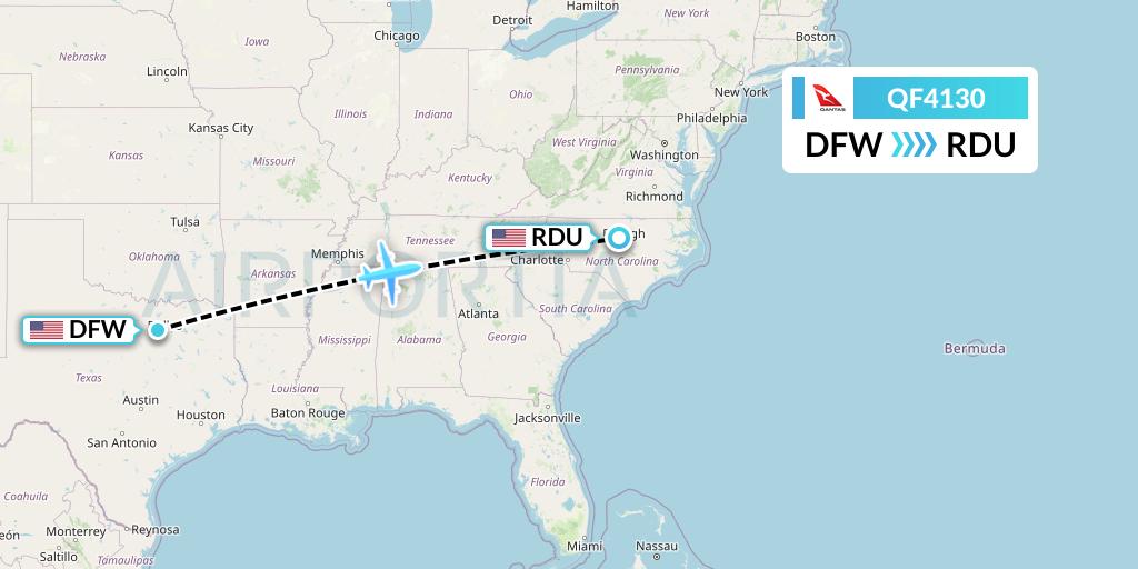 QF4130 Qantas Flight Map: Dallas to Raleigh-Durham