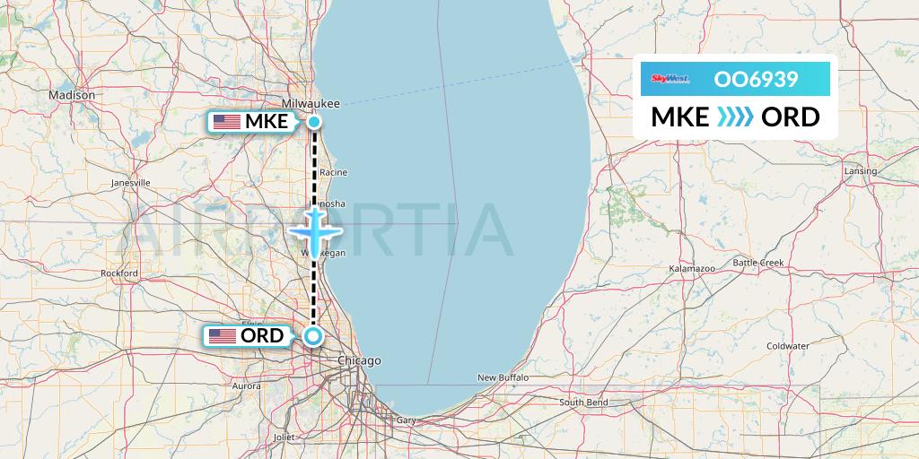 OO6939 SkyWest Airlines Flight Map: Milwaukee to Chicago