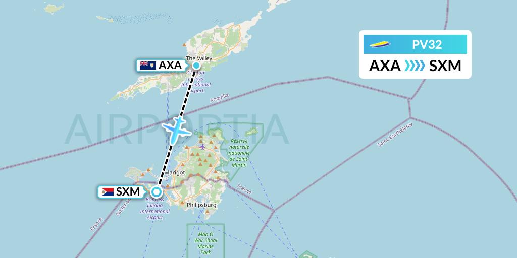 PV32 St. Barth Commuter Flight Map: The Valley to Sint Maarten