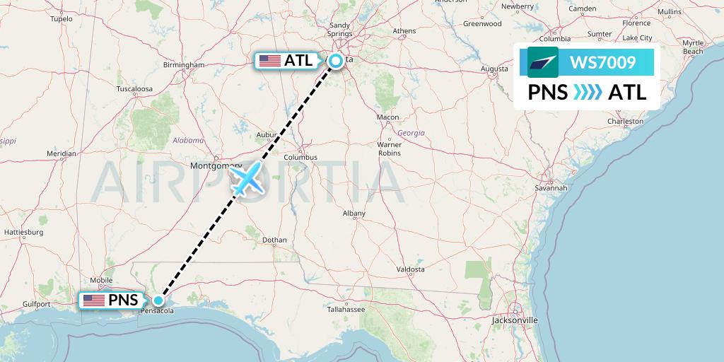 WS7009 WestJet Flight Map: Pensacola to Atlanta