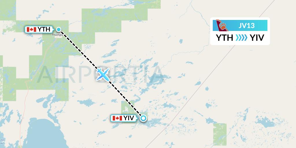 JV13 Bearskin Airlines Flight Map: Thompson to Island Lake