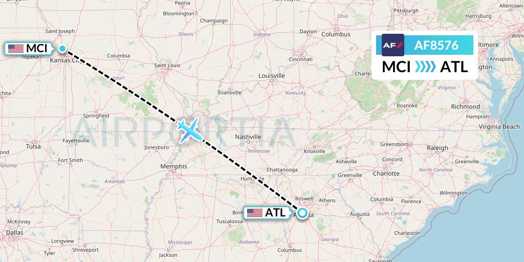 AF8576 Air France Flight Map: Kansas City to Atlanta