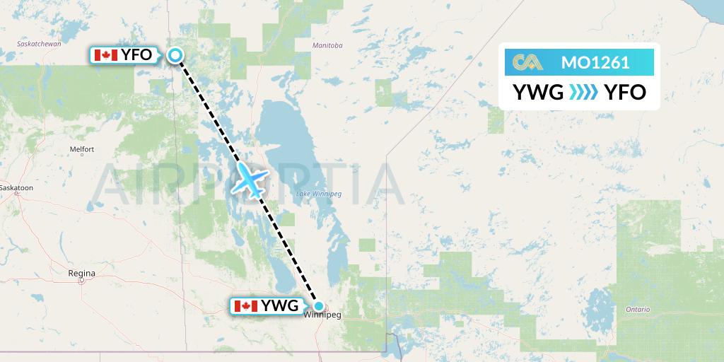 MO1261 Calm Air Flight Map: Winnipeg to Flin Flon