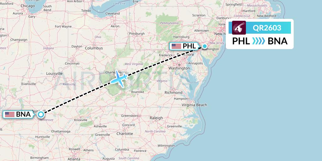 QR2603 Qatar Airways Flight Map: Philadelphia to Nashville