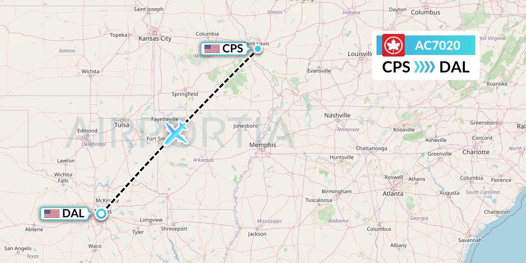 AC7020 Air Canada Flight Map: St. Louis to Dallas