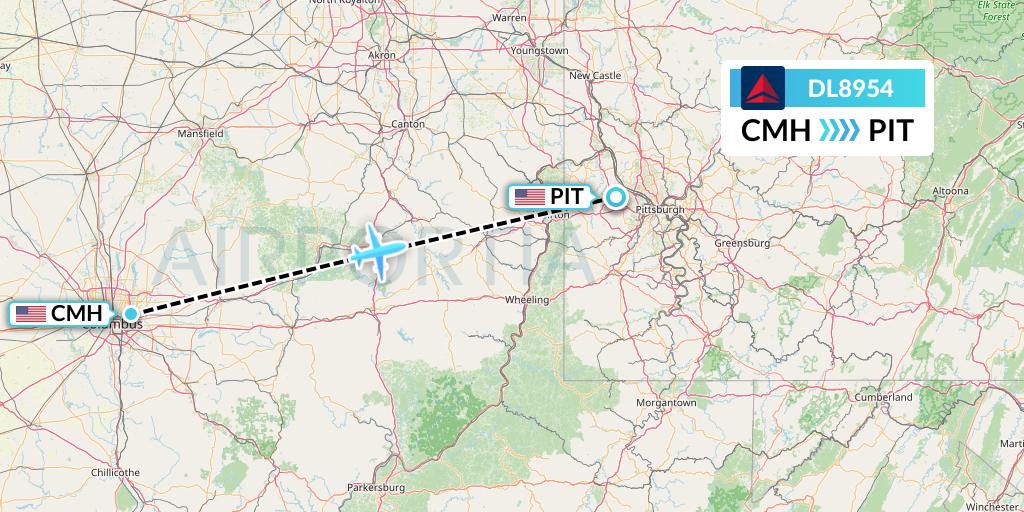 DL8954 Delta Air Lines Flight Map: Columbus to Pittsburgh