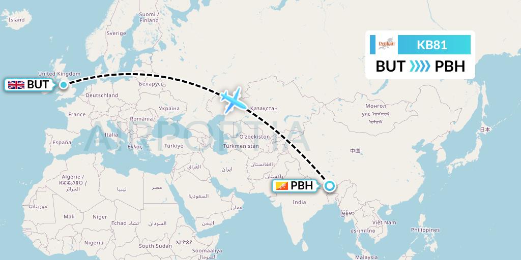 KB81 Druk Air Flight Map: Burtonwood to Paro