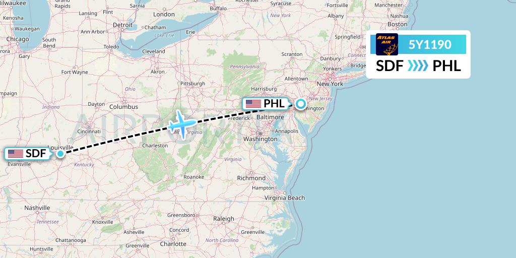 5Y1190 Atlas Air Flight Map: Louisville to Philadelphia