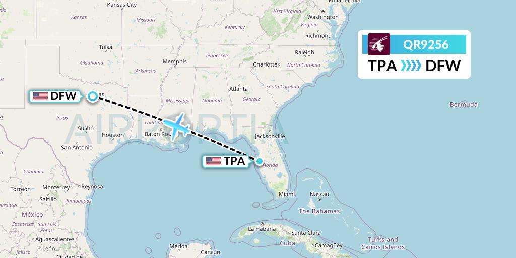 QR9256 Qatar Airways Flight Map: Tampa to Dallas
