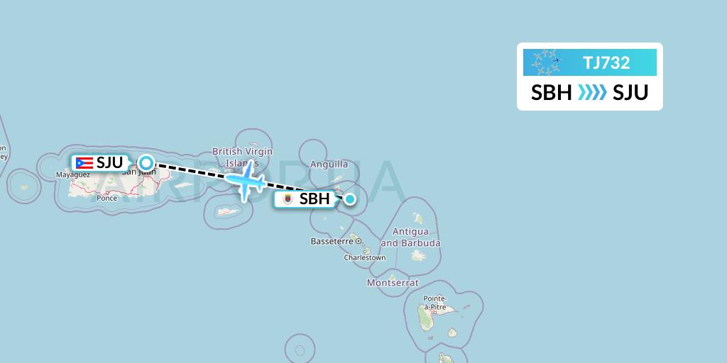 TJ732 Tradewind Aviation Flight Map: St. Jean to San Juan
