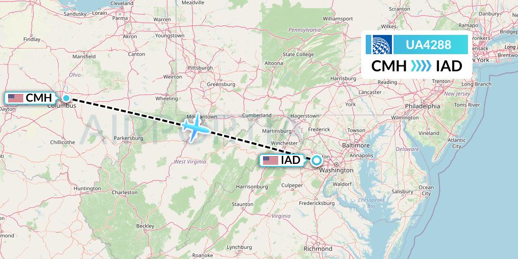 UA4288 United Airlines Flight Map: Columbus to Washington