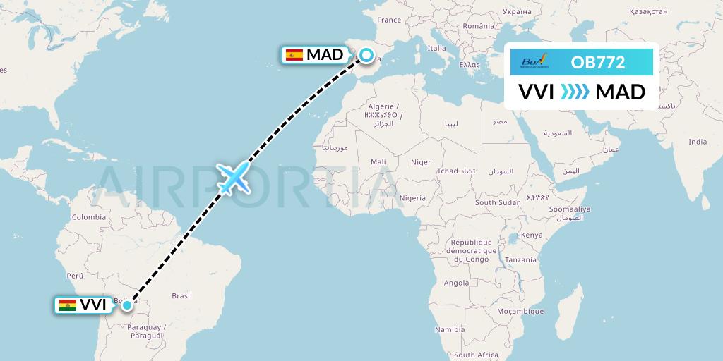 OB772 Boliviana de Aviacion Flight Map: Santa Cruz to Madrid