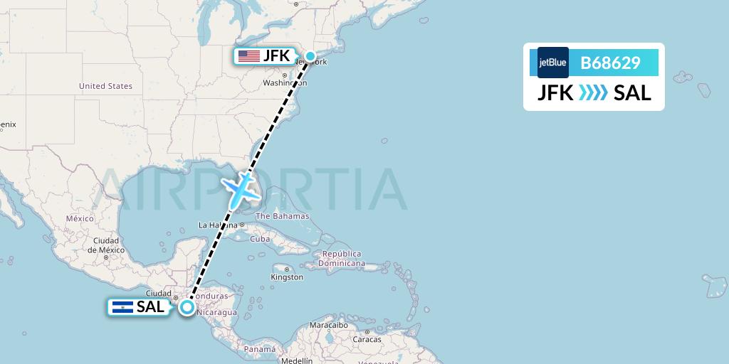 B68629 JetBlue Airways Flight Map: New York to San Salvador