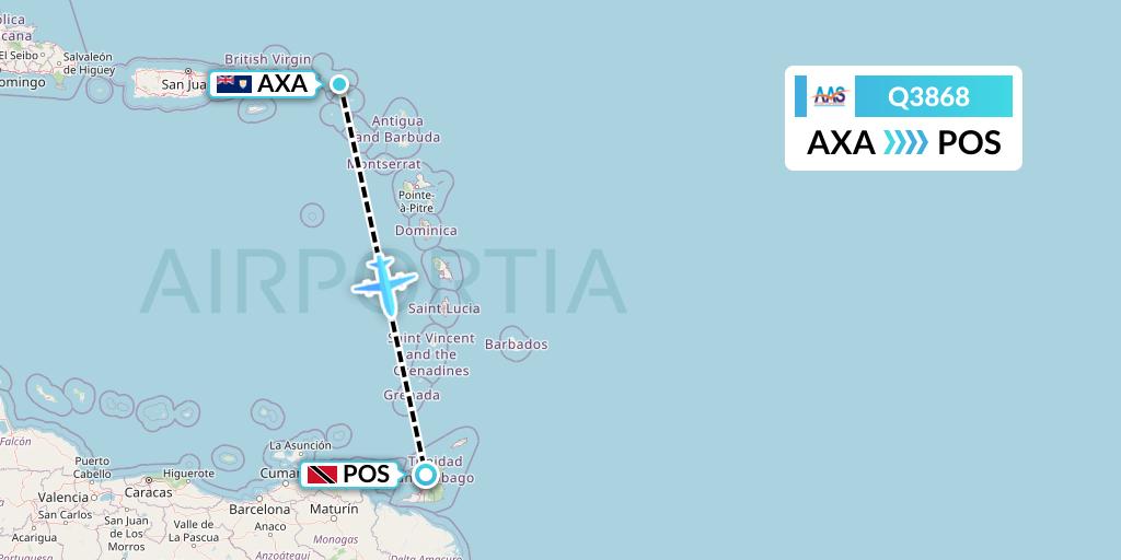 Q3868 Anguilla Air Services Flight Map: The Valley to Port of Spain