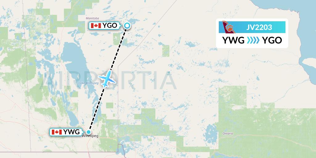 JV2203 Bearskin Airlines Flight Map: Winnipeg to Gods Lake Narrows