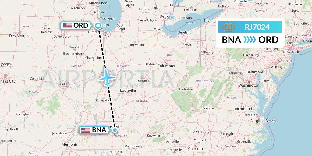 RJ7024 Royal Jordanian Flight Map: Nashville to Chicago