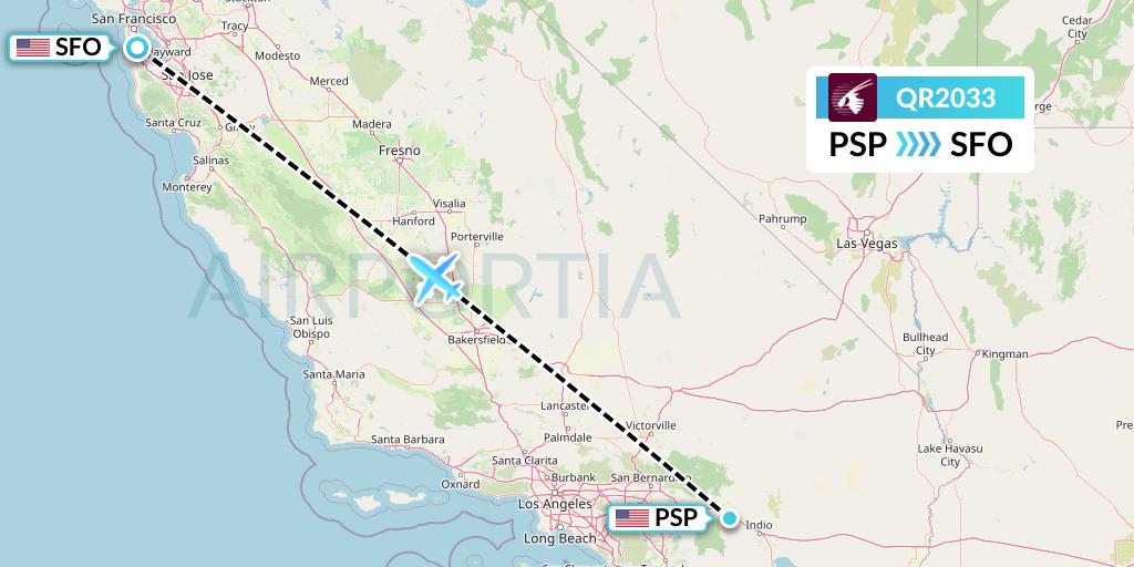 QR2033 Qatar Airways Flight Map: Palm Springs to San Francisco