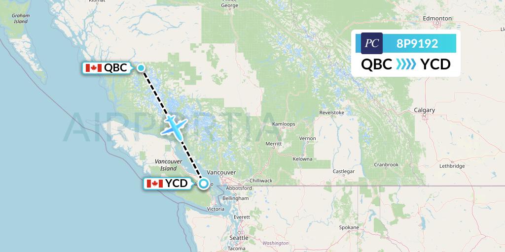 8P9192 Pacific Coastal Airlines Flight Map: Bella Coola to Nanaimo