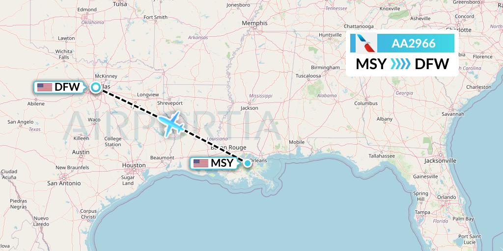 AA2966 American Airlines Flight Map: New Orleans to Dallas