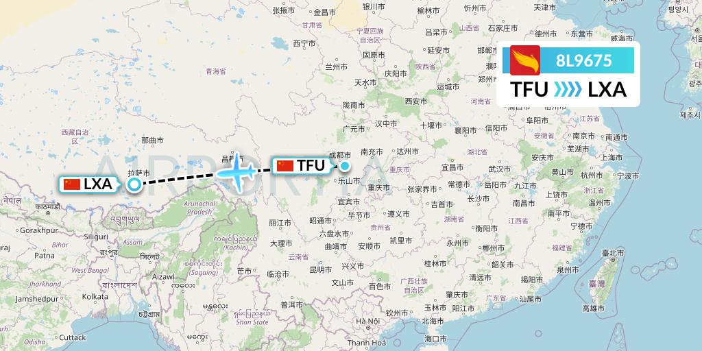8L9675 Lucky Air Flight Map: Chengdu to Lhasa