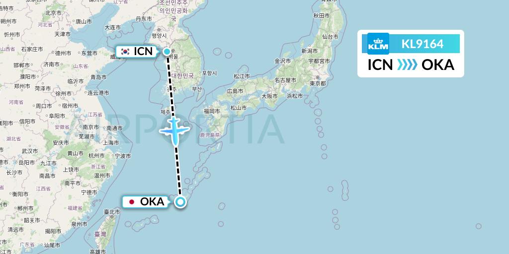 KL9164 KLM Flight Map: Seoul to Naha