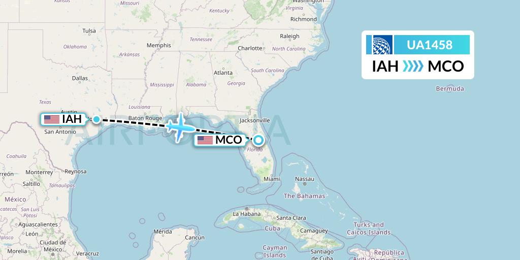 UA1458 United Airlines Flight Map: Houston to Orlando