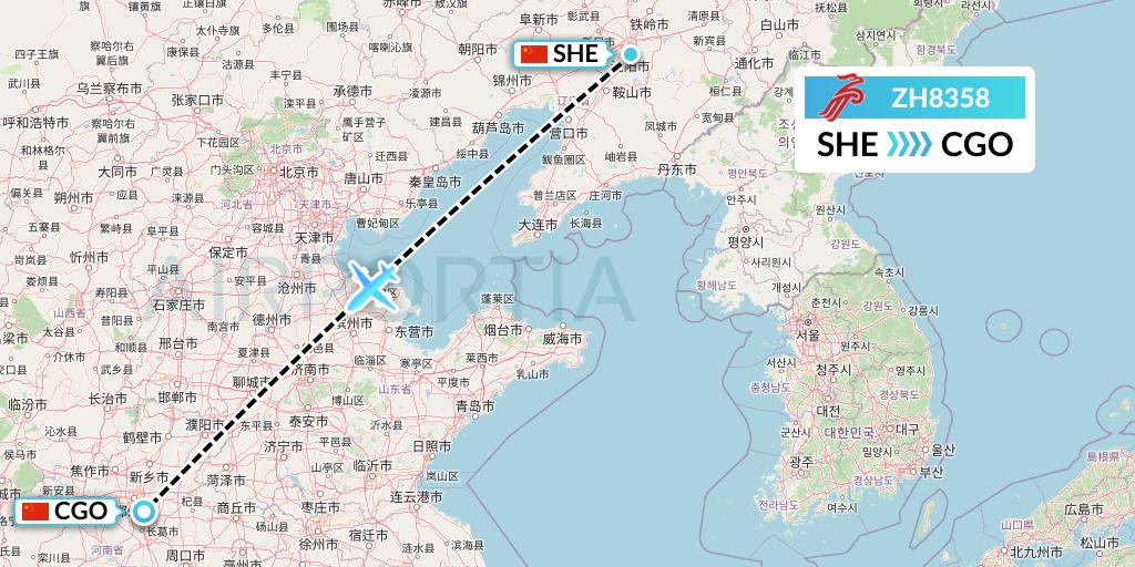 ZH8358 Shenzhen Airlines Flight Map: Shenyang to Zhengzhou