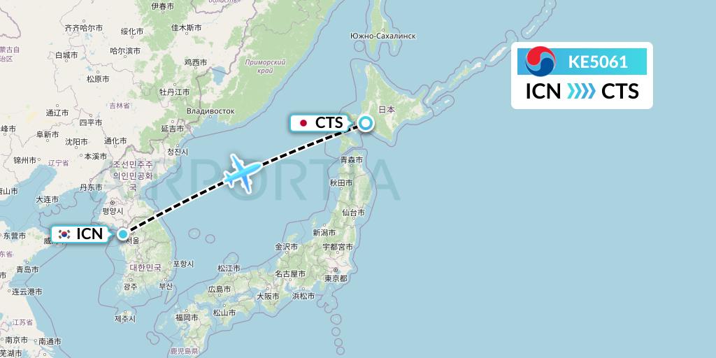 KE5061 Korean Air Flight Map: Seoul to Sapporo