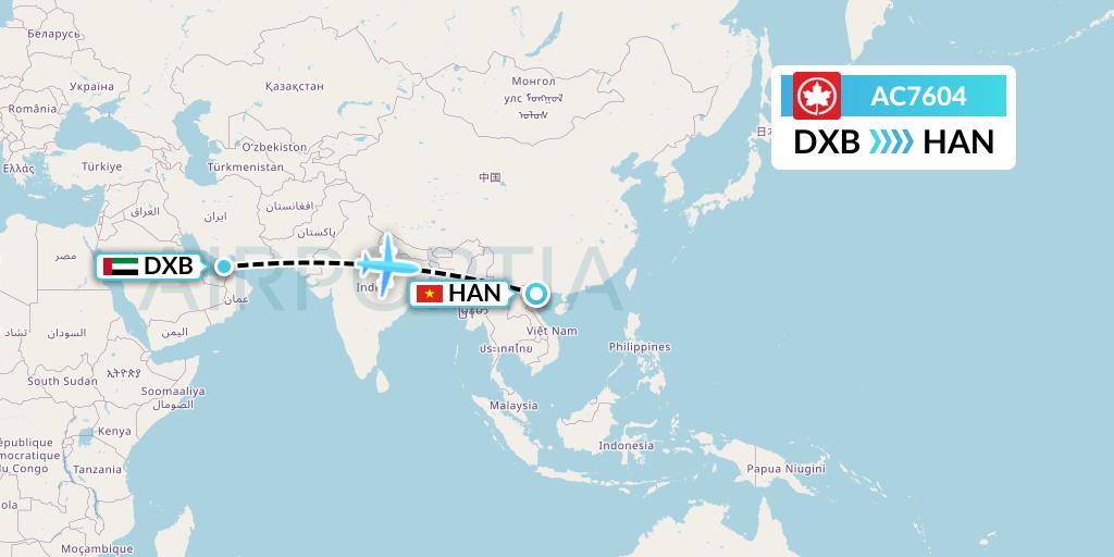 AC7604 Air Canada Flight Map: Dubai to Hanoi