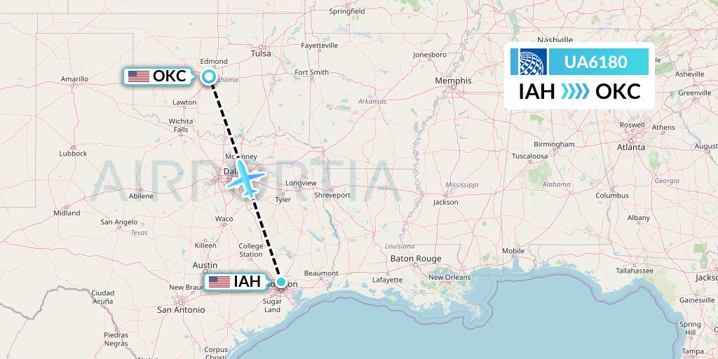UA6180 United Airlines Flight Map: Houston to Oklahoma City