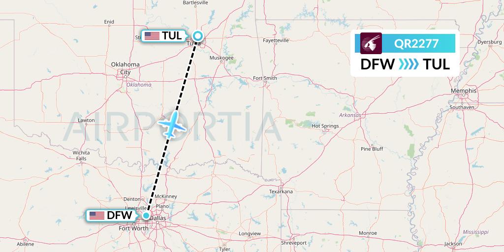 QR2277 Qatar Airways Flight Map: Dallas to Tulsa
