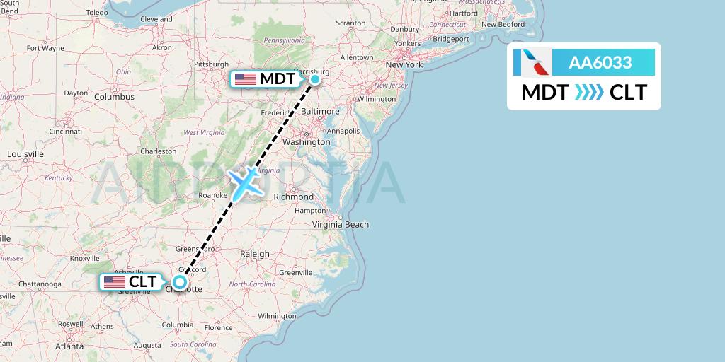 AA6033 American Airlines Flight Map: Harrisburg to Charlotte