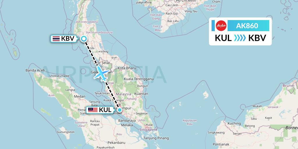 AK860 AirAsia Flight Map: Kuala Lumpur to Krabi