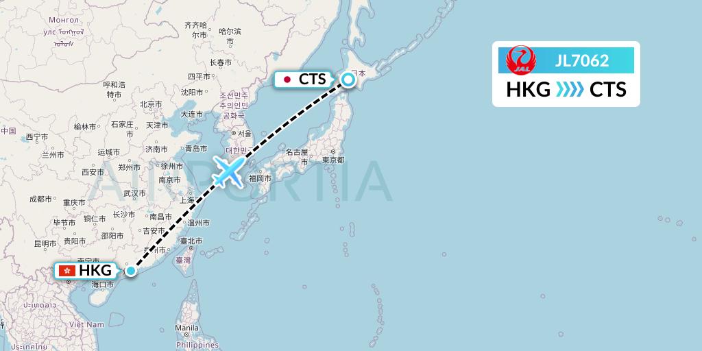 JL7062 Japan Airlines Flight Map: Hong Kong to Sapporo