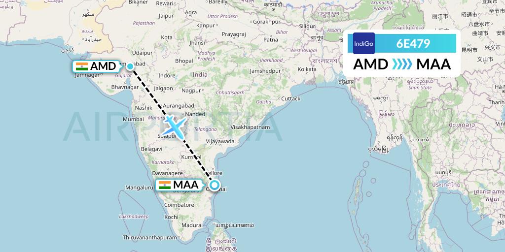 6E479 IndiGo Airlines Flight Map: Ahmedabad to Chennai